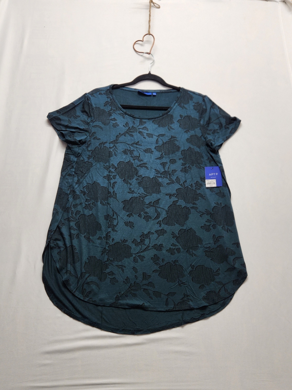 ⭐️NWT Apt 9 Burnout Floral Top Size Large Dark Teal Green Short Sleeve Blouse 